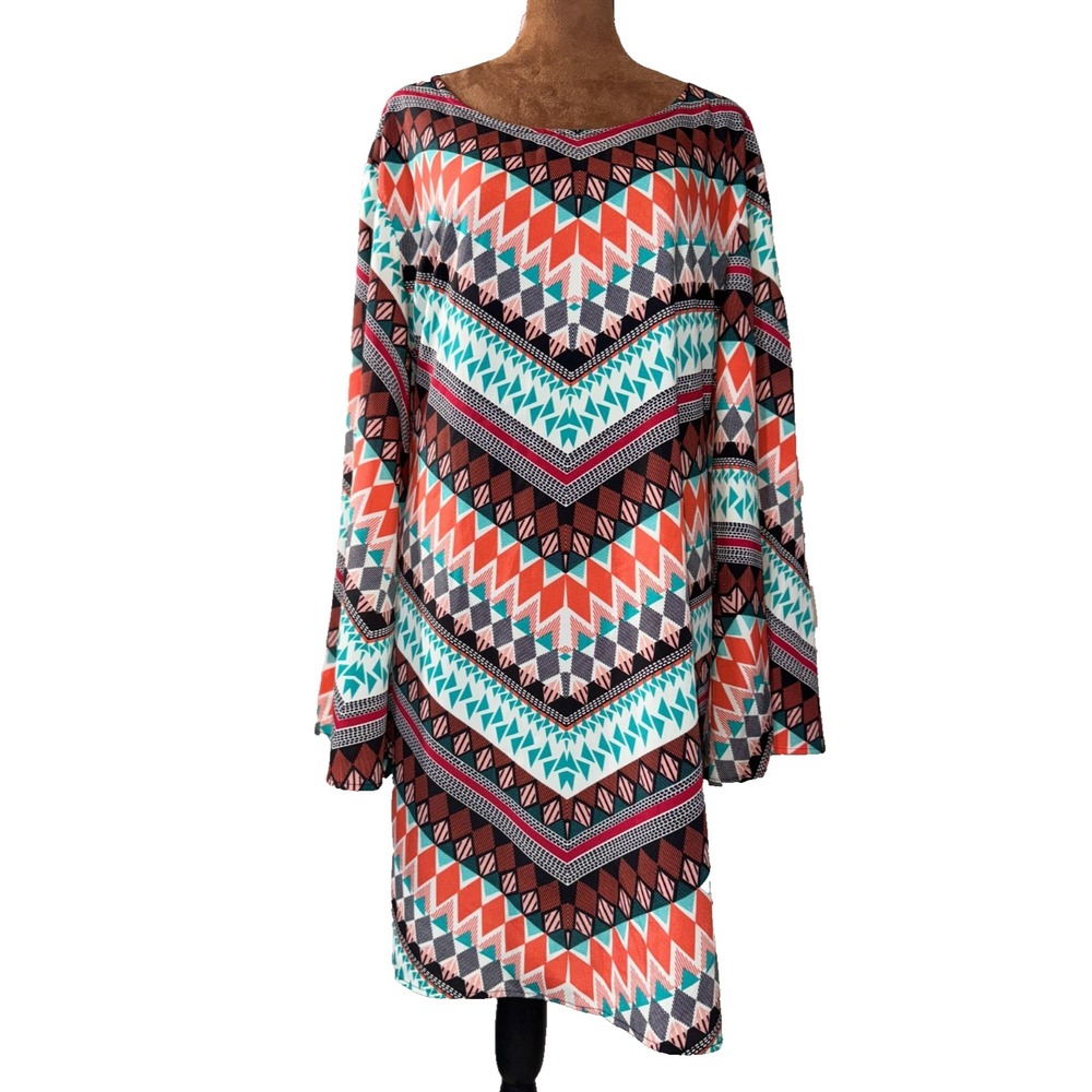 Wrangler Retro Print Dress Women's XXL Bell Sleeve Lined Western Back‎ Zip EUC